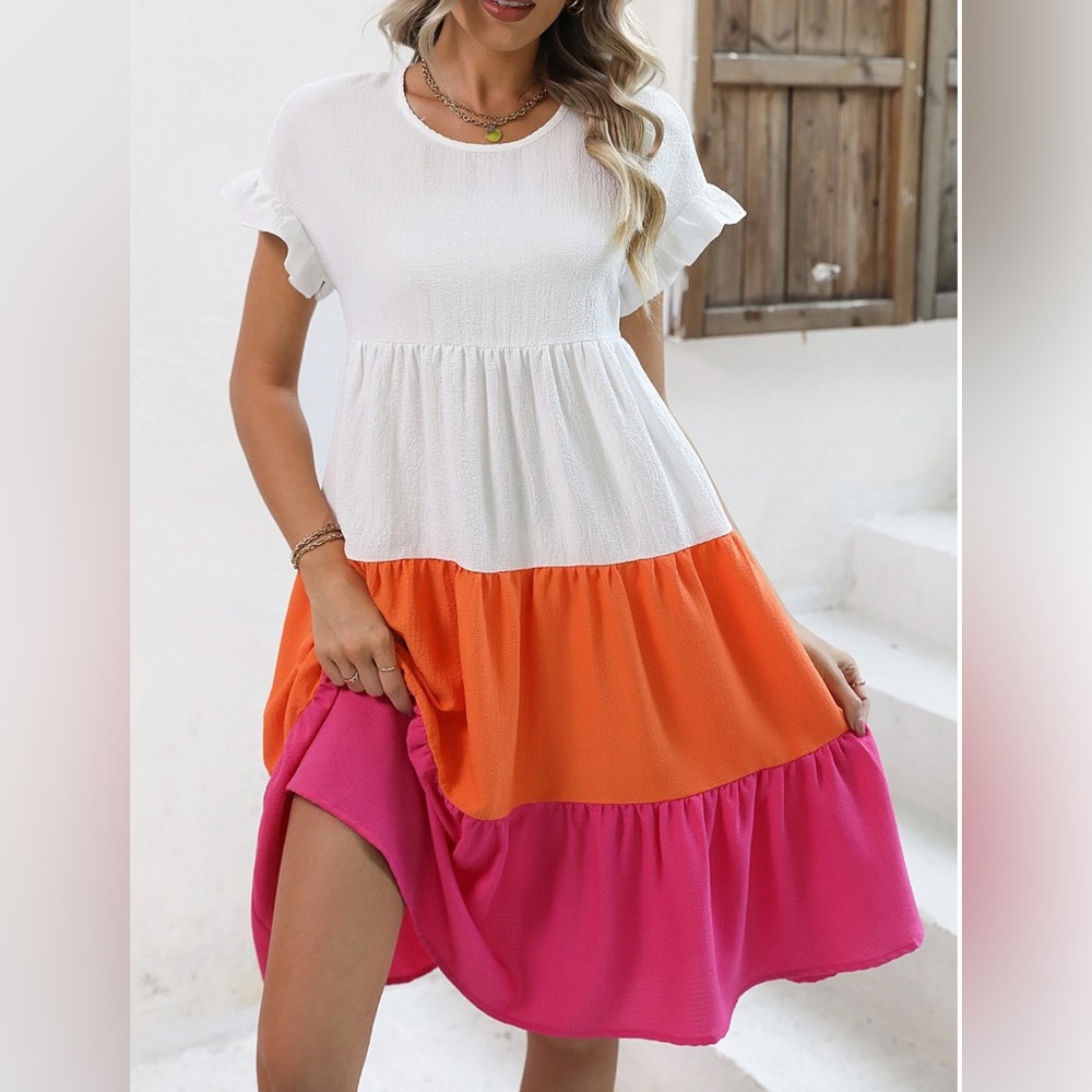 Color Block Flounce Sleeve Ruffle Hem Smock Dress